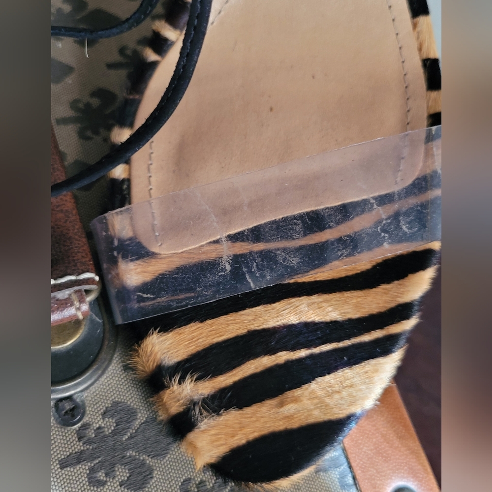 SCHUTZ Sandstone Animal Print Lace-Up Heels Sz 7.5 Calf Pony Hair - Picture 2 of 13